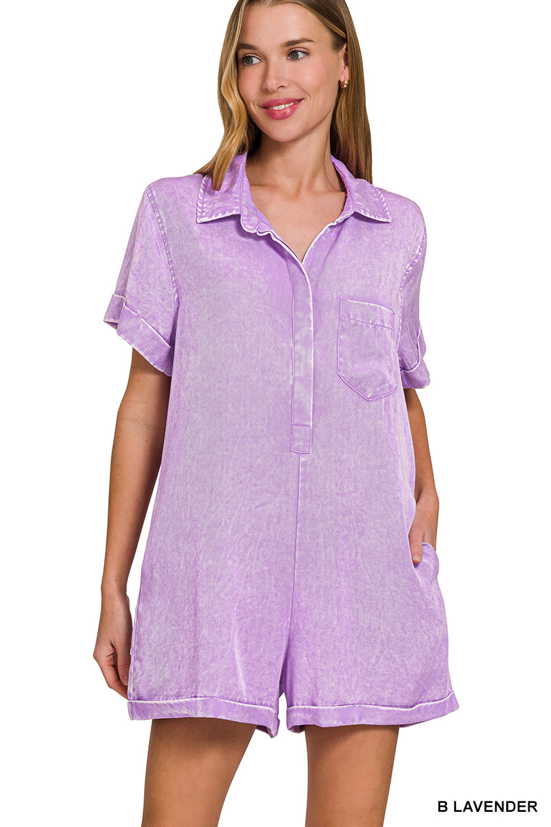 Zenana Mineral Wash Half Button Romper