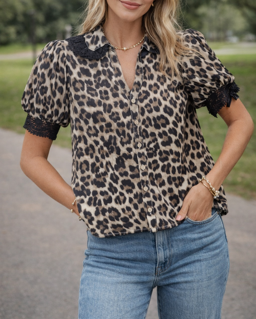 Leopard Lace Trim Shirt