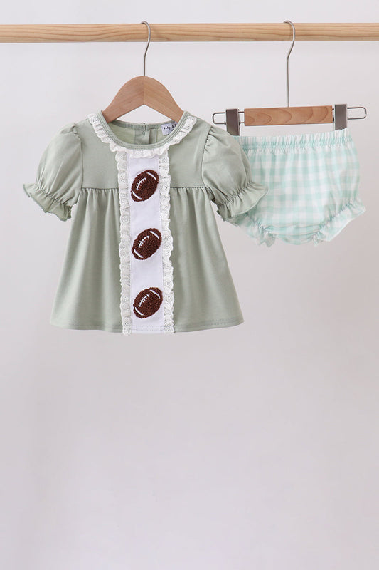 Green football french knot gingham bloomer set up