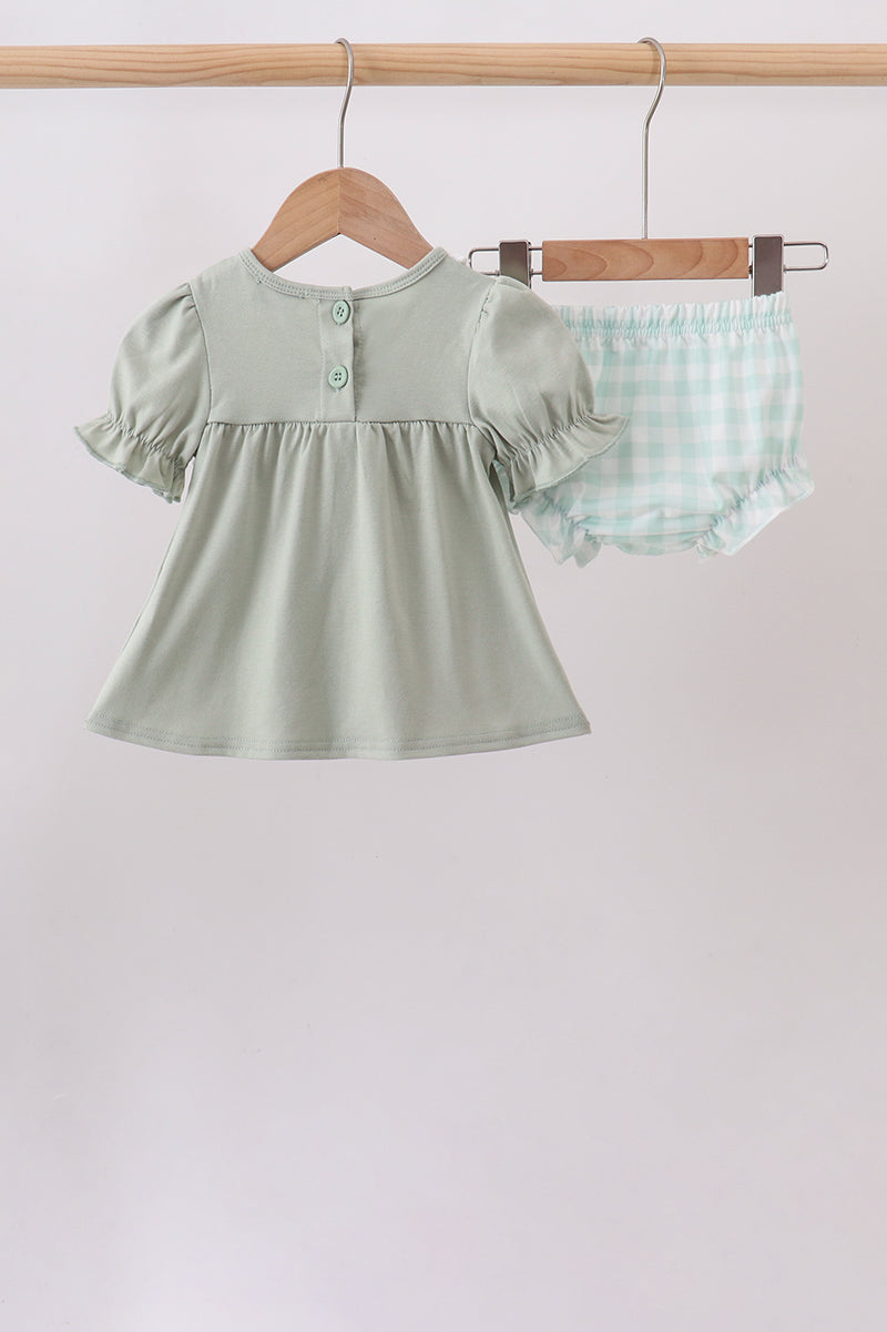 Green football french knot gingham bloomer set up