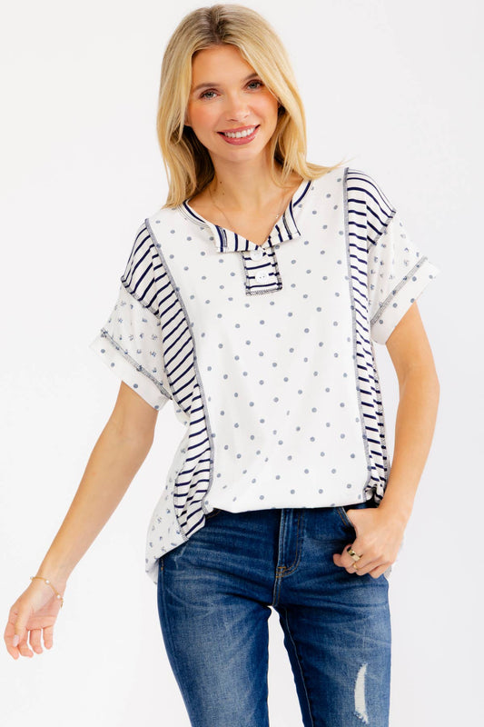 Mixed Print Contrast Henley Top
