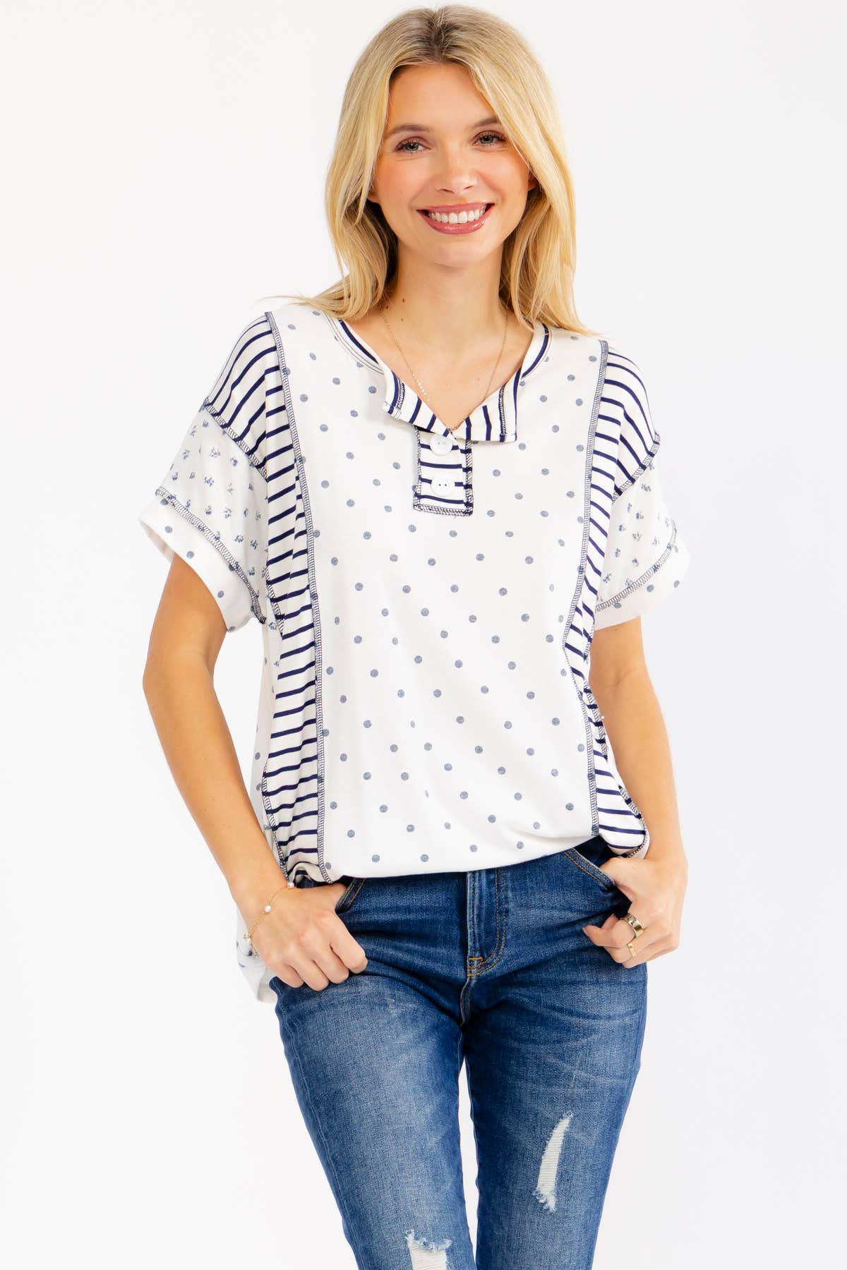 Mixed Print Contrast Henley Top