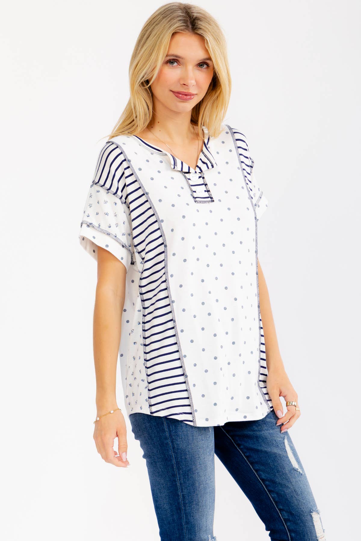 Mixed Print Contrast Henley Top