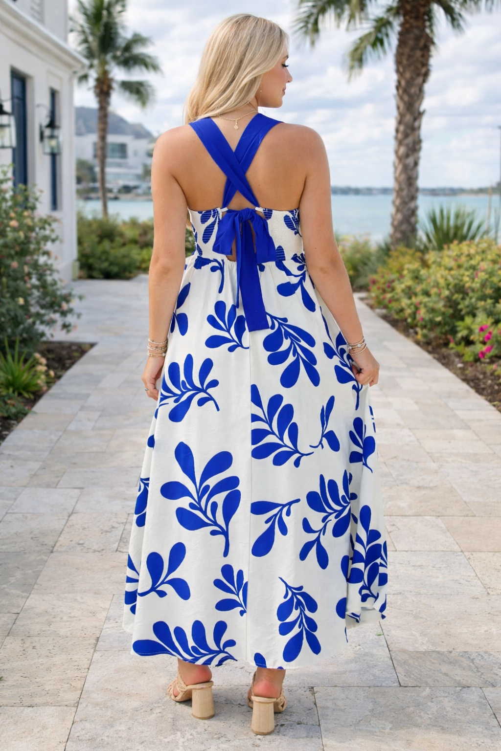 Blue Floral Tie Back Dress