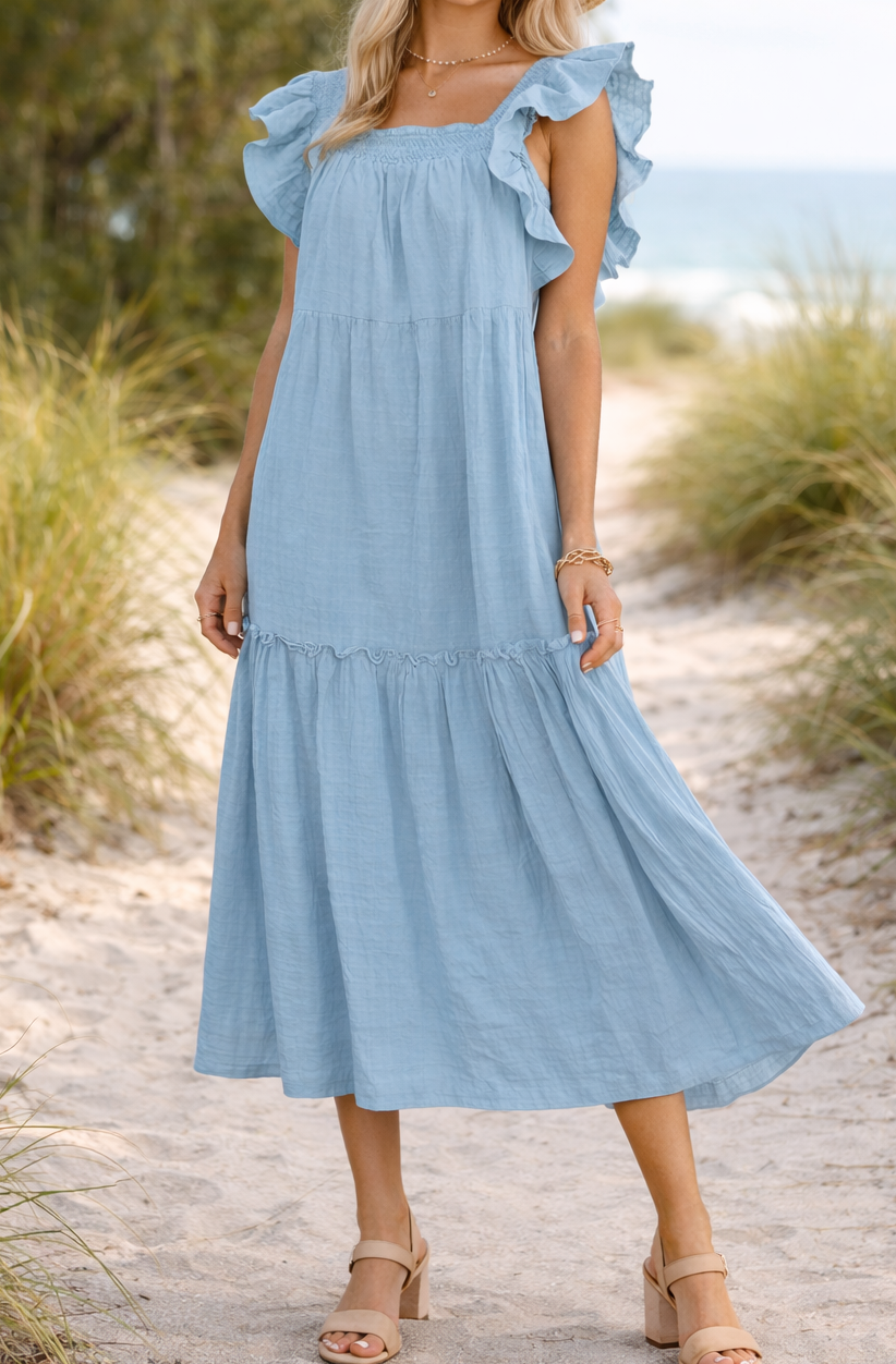 Blue Ruffled Tiered Maxi