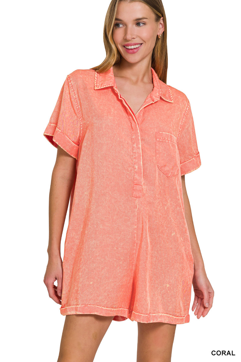 Zenana Mineral Wash Half Button Romper