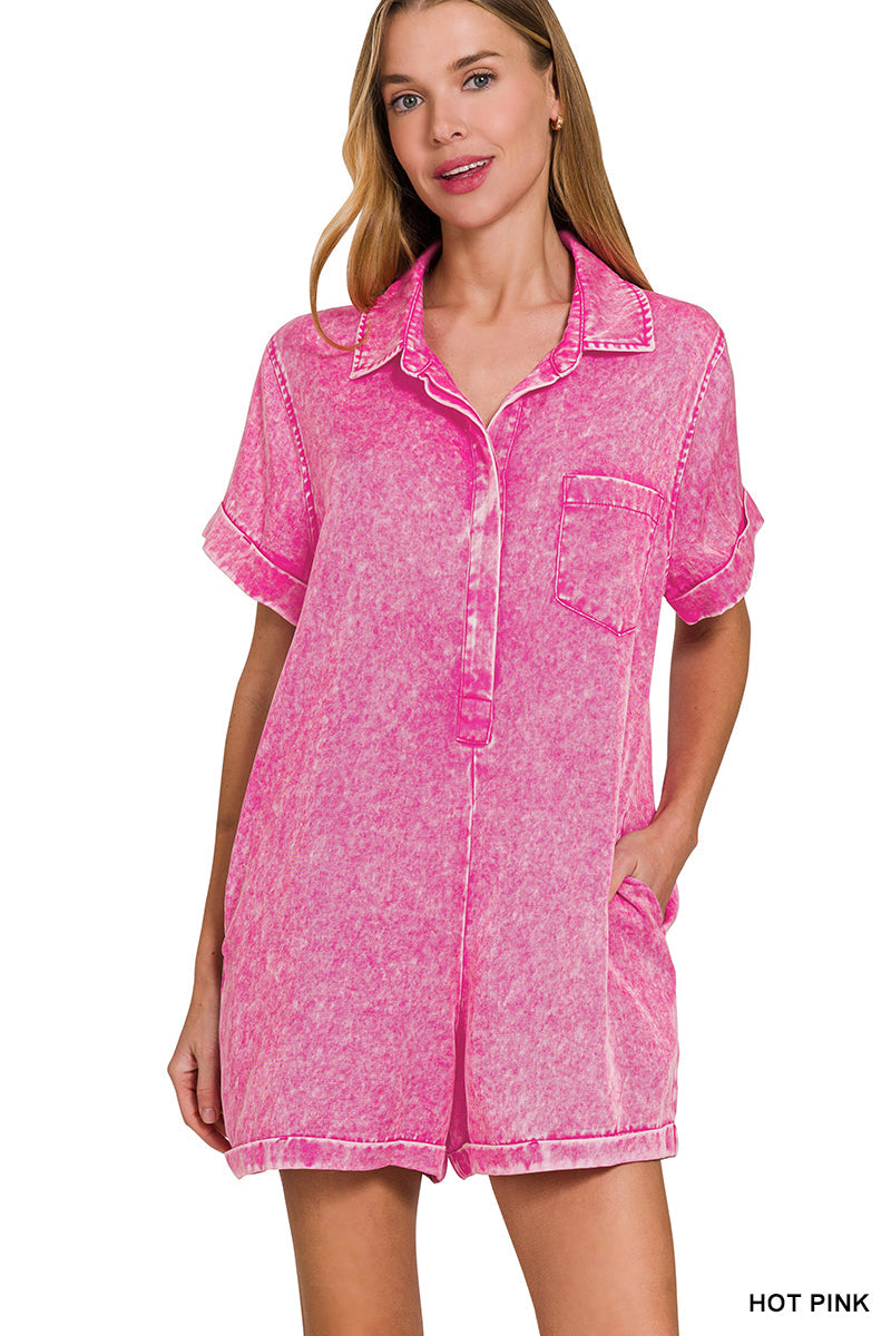 Zenana Mineral Wash Half Button Romper