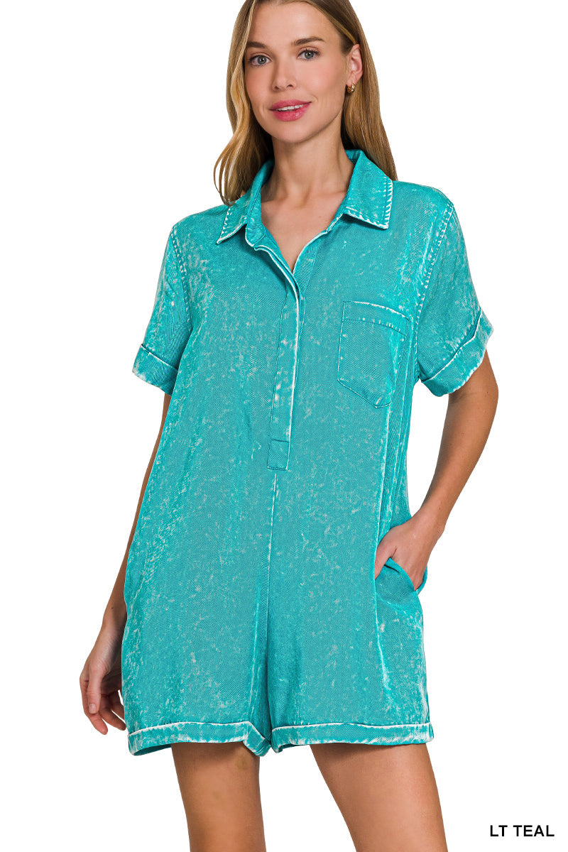 Zenana Mineral Wash Half Button Romper