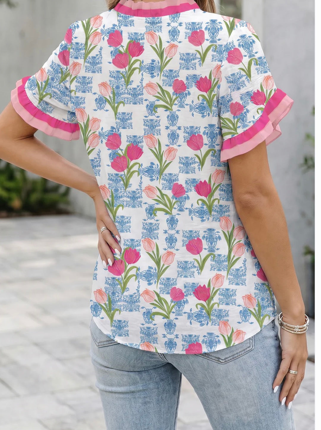 Rose Floral Ruffle Blouse-pink