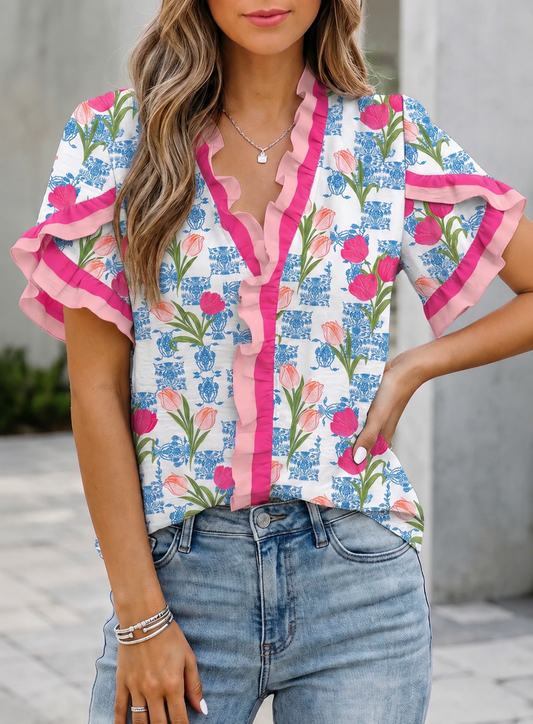 Rose Floral Ruffle Blouse-pink