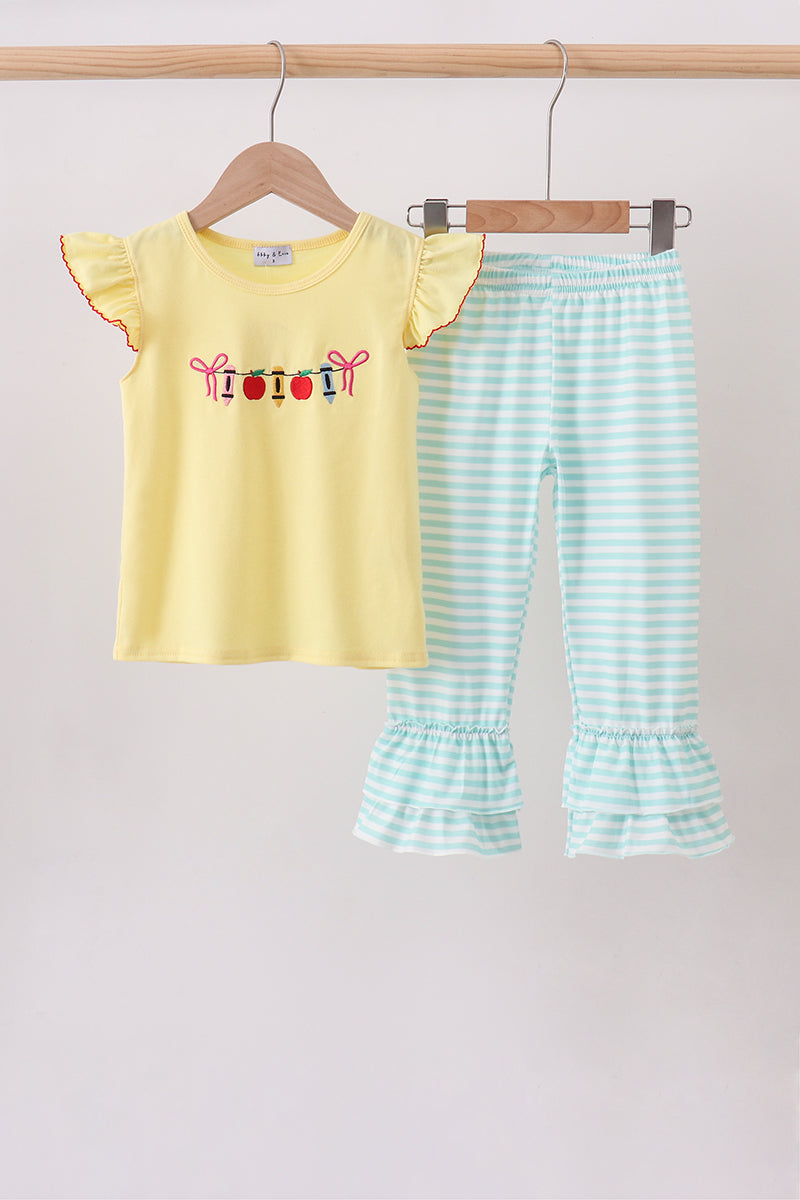 Yellow Apple Crayon Embroidered Ruffle Pants Set