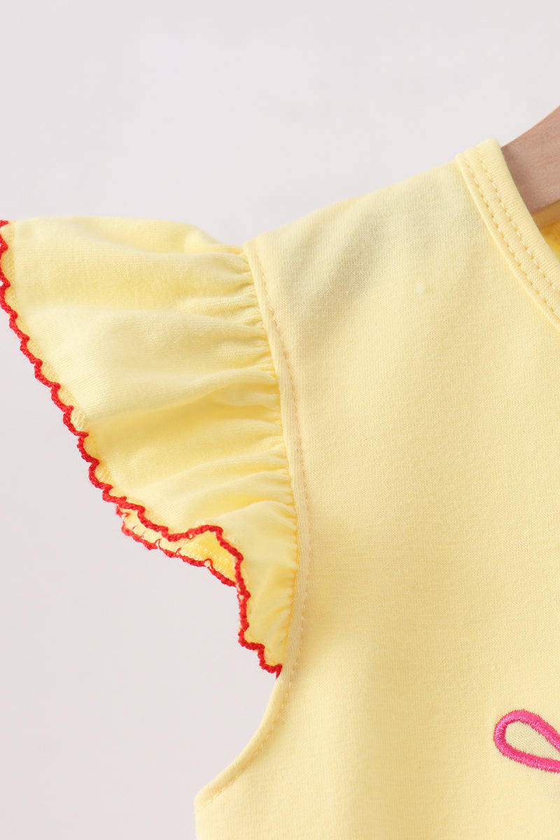 Yellow Apple Crayon Embroidered Ruffle Pants Set