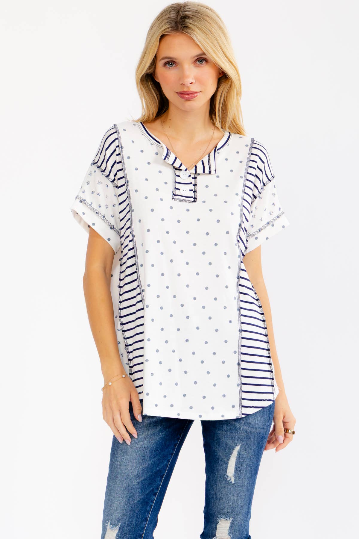 Mixed Print Contrast Henley Top