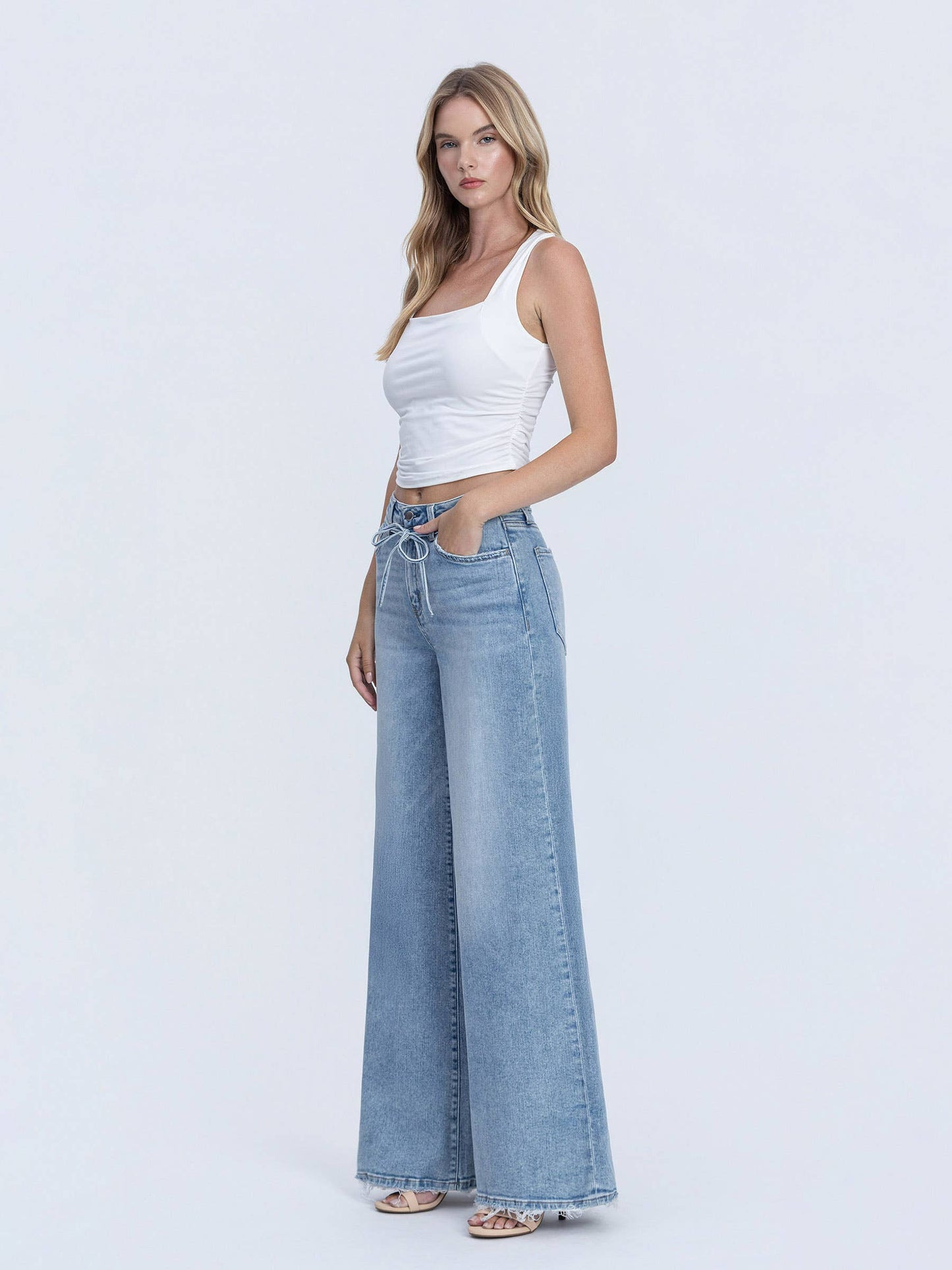 SUPER HIGH RISE DRAWSTRING WAIST PALAZZO JEANS