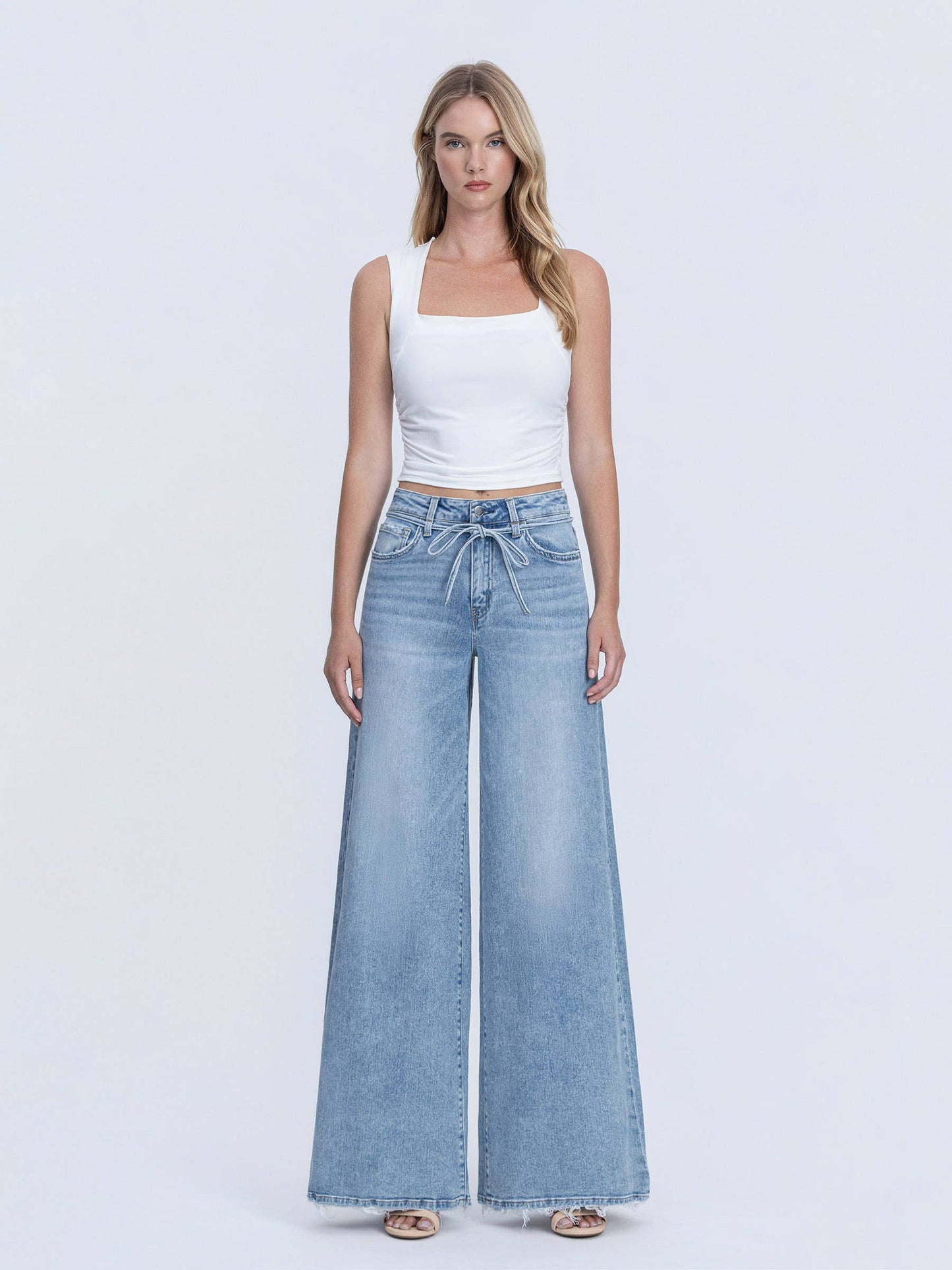 SUPER HIGH RISE DRAWSTRING WAIST PALAZZO JEANS