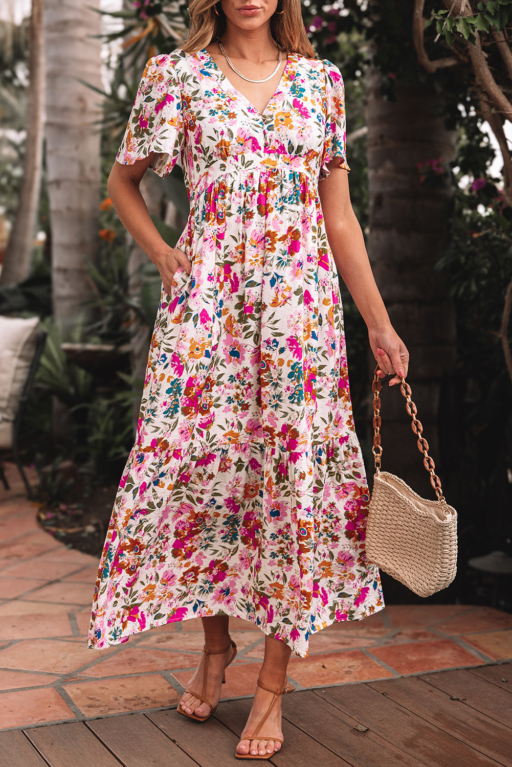 Red Floral V Neck Maxi Dress