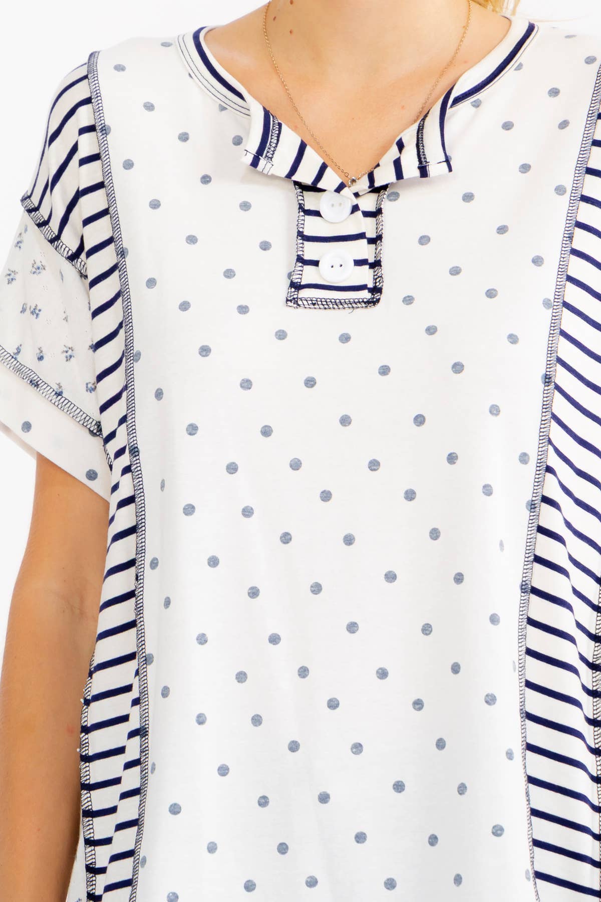 Mixed Print Contrast Henley Top
